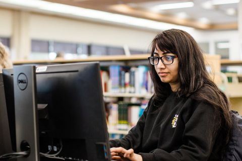 Female student sitting at a computer in the library